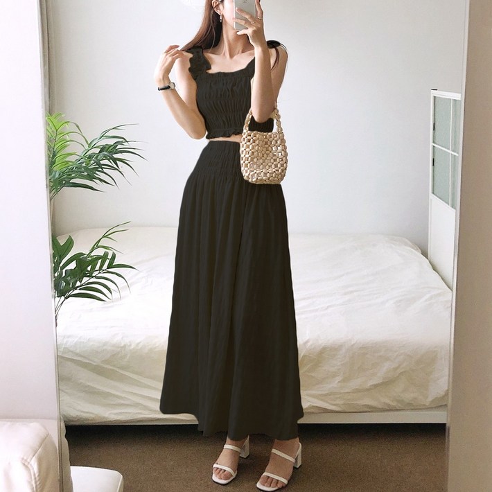 요시아나 당일발송 클라티에 투피스 프릴 곱창 스모크 크롭 나시 롱스커트 세트 3컬러