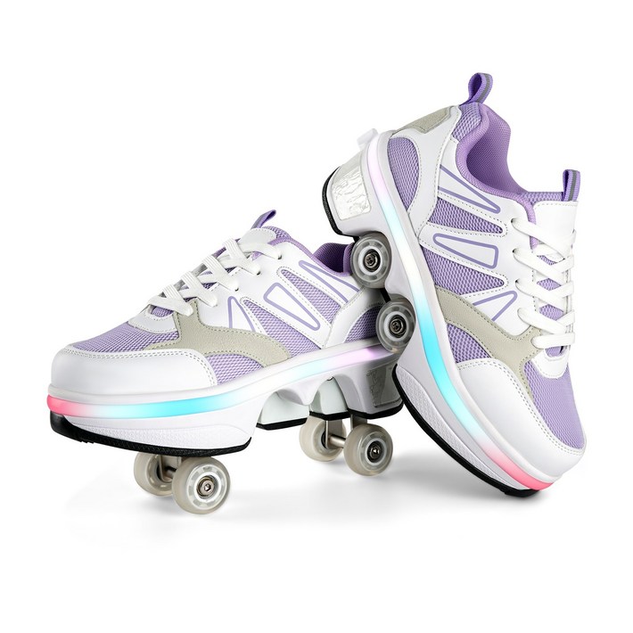 축소 가능한 롤러스케이트 성인 롤러스케이트 4륜 스케이트 밤에 빛나는 LED등 롤러스케이트, 보라색990, 1개