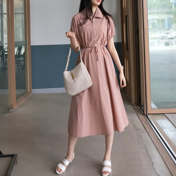 메리앤유 셔링밴드소매 집업카라 플레어라인 스판원피스