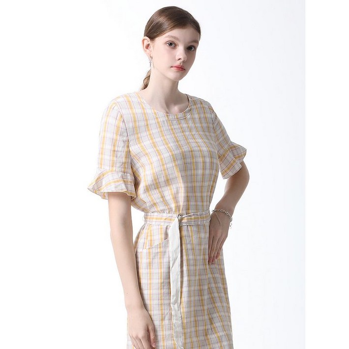 이앤씨 린넨 체크 벨티드 원피스  택가격  299000원