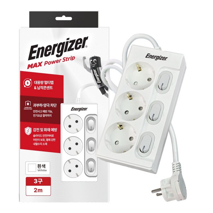 에너자이저 개별스위치 멀티탭 고용량 3구 납작플러그 과부하차단 16A, 1개, 화이트개별스위치 3구, 2m