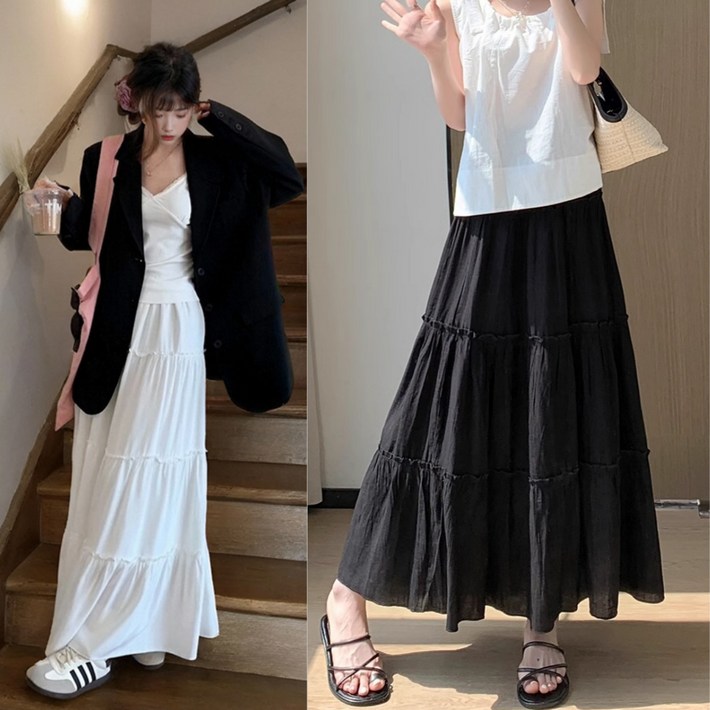 핏몬 여성 허리밴딩 주름 셔링 롱 플레어 캉캉 롱 스커트