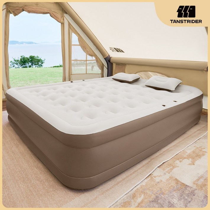 TANSTRIDER 에어매트 자충형 휴대용 에어매트리스 42홀 에어침대 내장형 실내 캠핑 자충매트 높이45cm 에어침대 캠핑 매트 에어배드 캠핑용품 매트리스, 밀크화이트, 1개