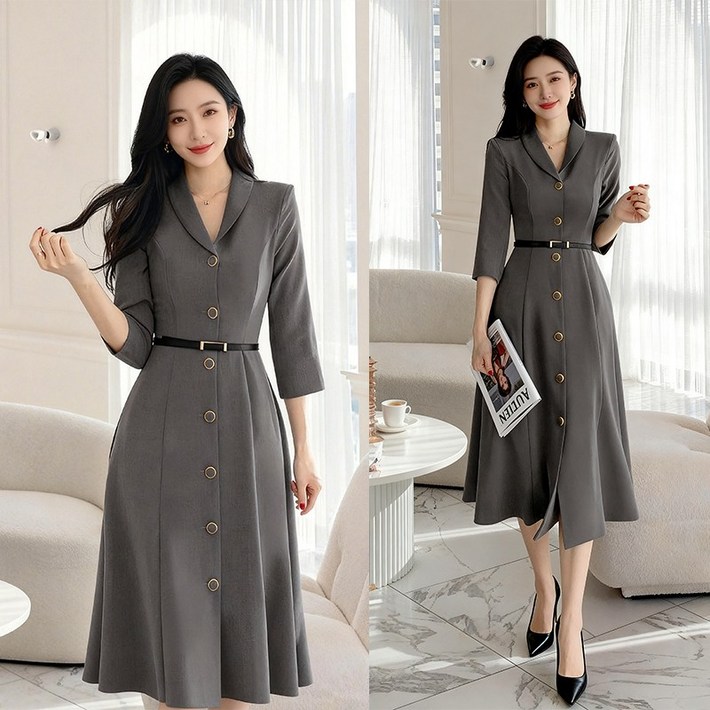 비비디아 여성 롱원피스 벨트 세트 버튼 원피스 단정한 하객룩 오피스룩 정장 원피스 5551