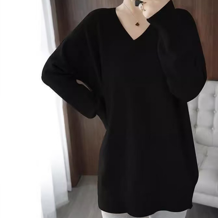 오스틱니 150kg까지 빅사이즈 여성 하프 이너 긴팔 니트 가을 겨울 편한 순색 오버핏 브이넥 코디하기 좋은 스판 통기성 만능 대박난 박스 캐주얼 오버핏 심플 데일리 상의 스웨터