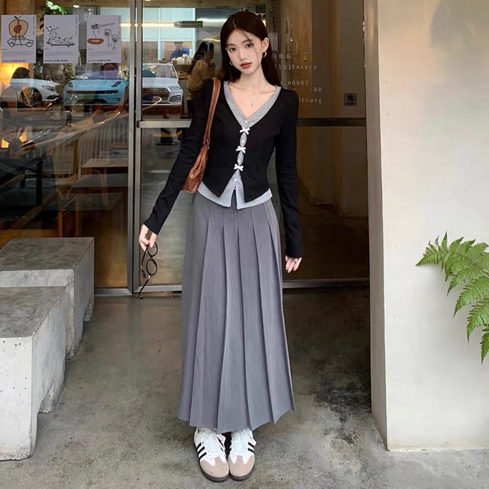 YioYcc 투피스 니트 카디건 스커트 상하복