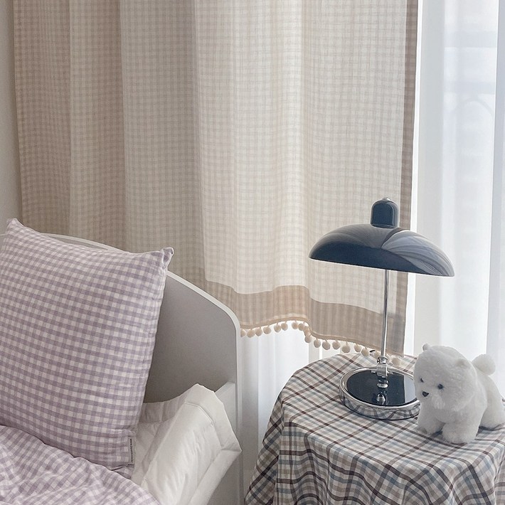 멜란 체크 폼폼 커튼오트밀 아이방 여아 남아 핀커튼 봄 여름 가을 커튼