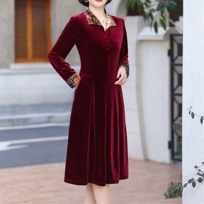 MOSAIRATION 엄마옷 패션 원피스 가을 비로드 긴팔 슬림핏 칼라 중년여성 원피스 W16