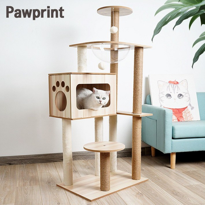 Pawprint 캣타워 고양이 스크래쳐, 견고한 원목 다층 구조로 놀이와 휴식 공간 제공, 대형 및 소형 고양이의 스트레스 해소와 활력 증진을 위한 필수품, 1세트 Pawprint 캣타워 고양이 스크래쳐, 견고한 원목 다층 구조로 놀이와 휴식 공간 제공, 대형 및 소형 고양이의 스트레스 해소와 활력 증진을 위한 필수품, 1세트