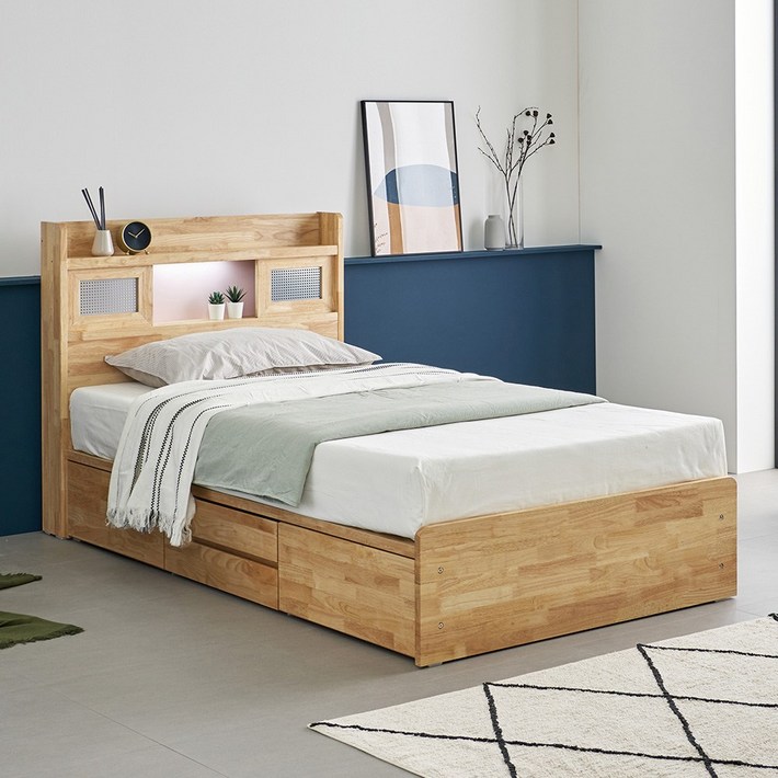 에일 고무나무 원목 LED 수납 퀸 사이즈 침대 프레임