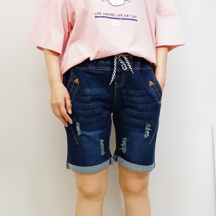 빅걸스토리 빅사이즈 여성용 밴딩 워싱 데님 반바지블랙색상추가