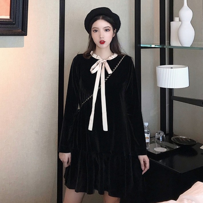 JIEVE 미디 치마 여성 봄 가을 브이넥 고급 프렌치 벨벳 긴팔 원피스 Z062714