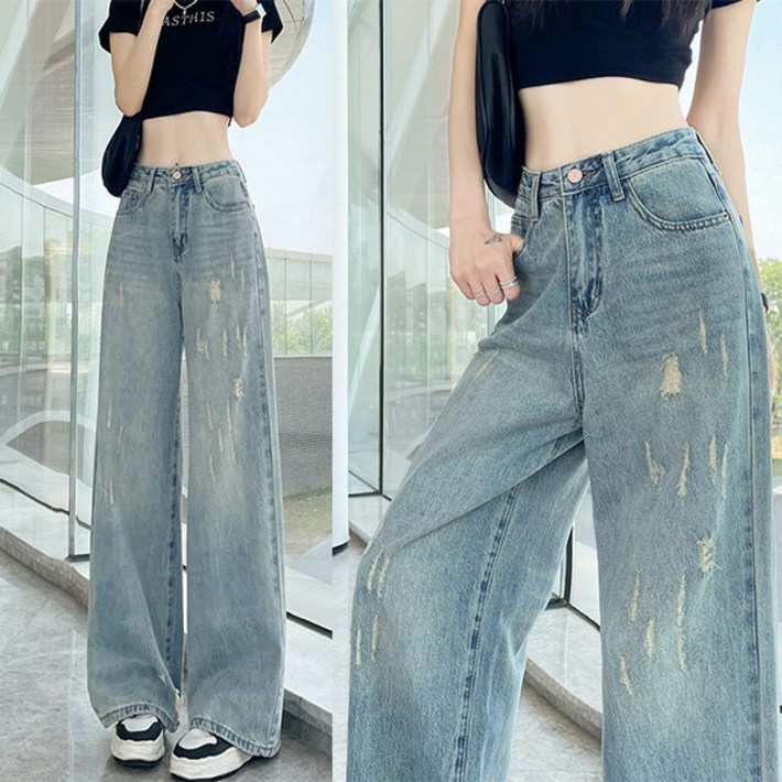 비비디아 신상 여성 하이웨이스트 디스트로이드 와이드 데님 팬츠 캐주얼 빈티지 롱 청바지 5519