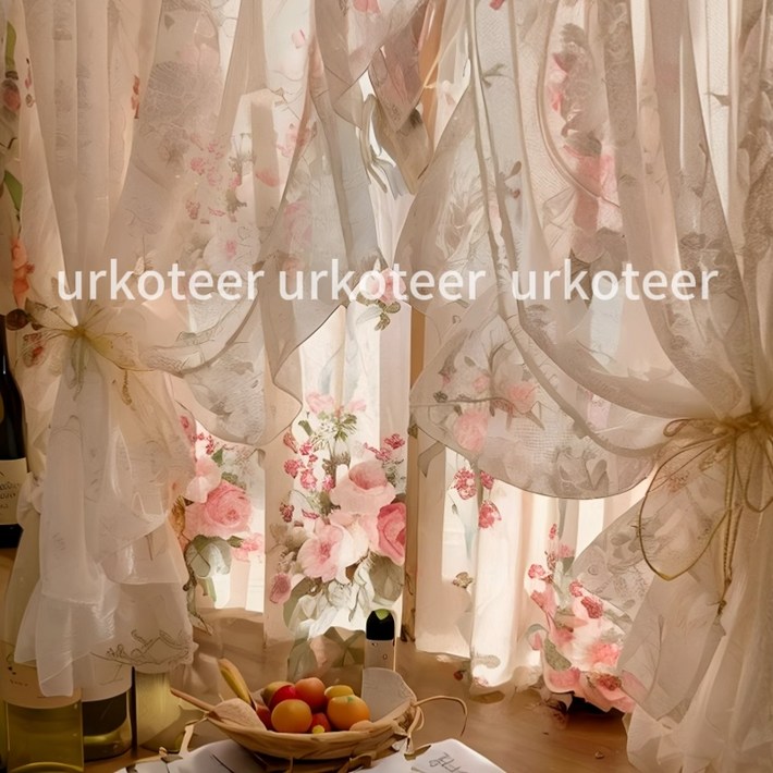 urkoteer빈티지커튼 꽃 쉬폰 공주풍 거실 패턴 빈티지 내추럴 린넨 핀형urkoteer
