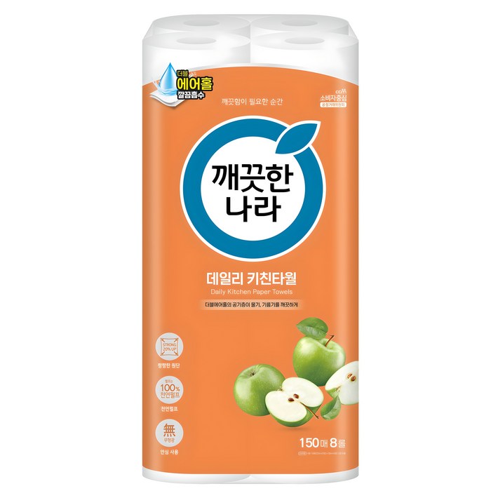 깨끗한나라 데일리 천연펄프 키친타월, 150매, 8개 깨끗한나라 데일리 천연펄프 키친타월, 150매, 8개