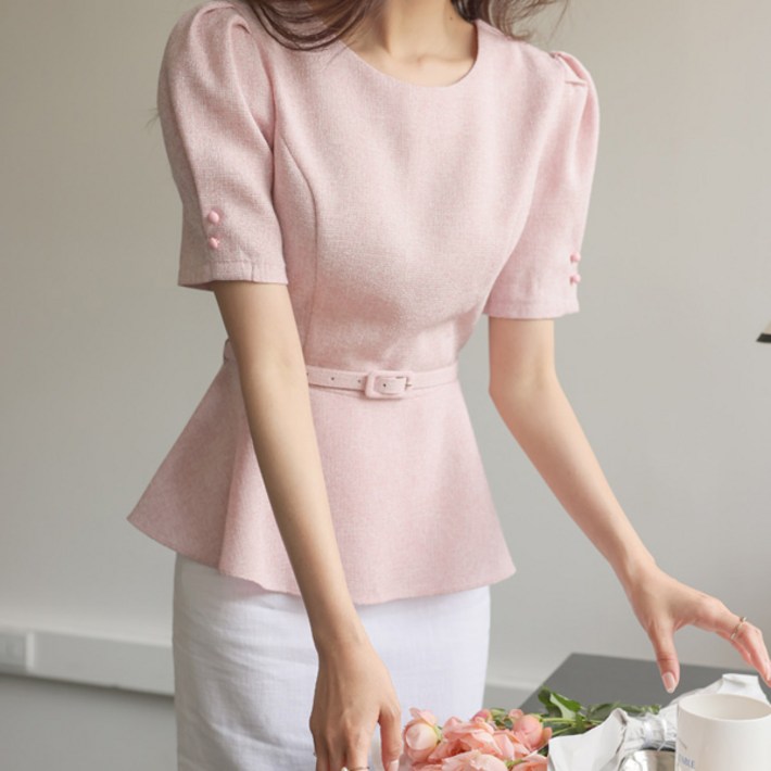 BLO177 로맨틱 퍼프소매 페플럼 블라우스