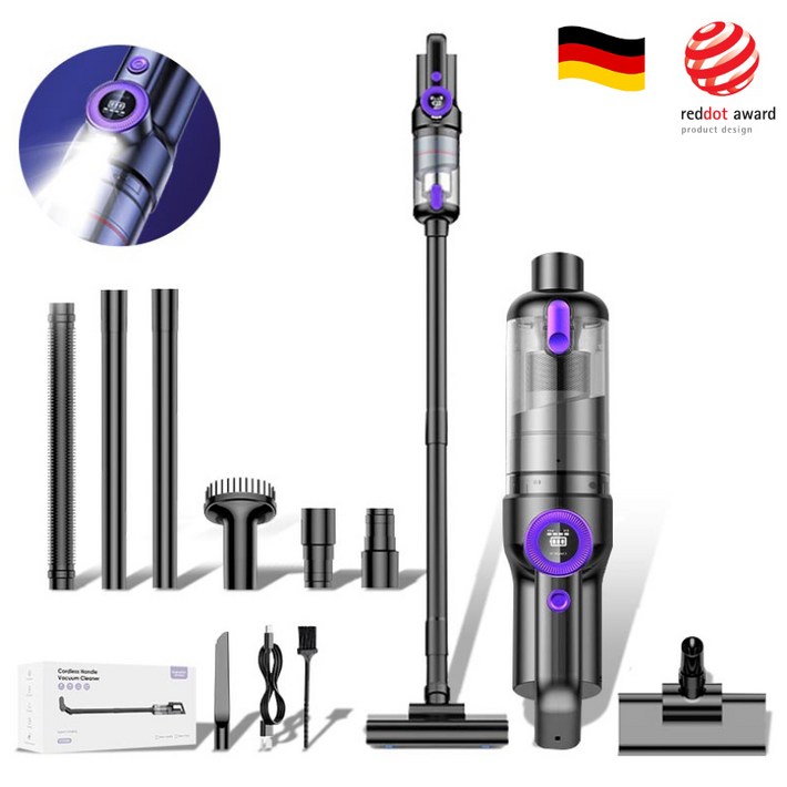 국내발송RichMagic 독일 16000pa브러시리스 더블 모터 강흡입력 디지털 디스플레이 LED 가정용 차량용 다용도 멀티 청소기, 흑자주색