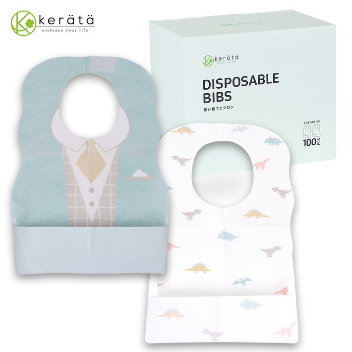 케라타 유아용 일회용 방수 턱받이 개별포장, 1개, 100매, 수트공룡 혼합.