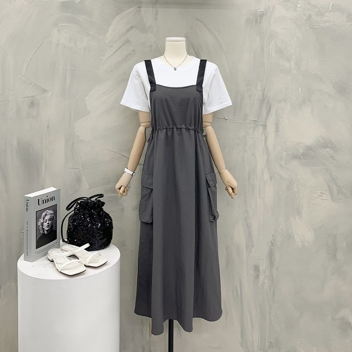 행복여 페어 포켓 스트링 멜빵 끈 조절 뷔스티에 원피스