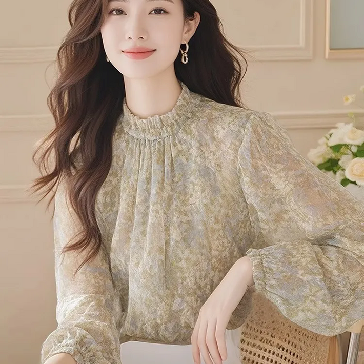 Neirny 여성 쉬폰 블라우스 긴팔 봄가을 프렌치 예쁜  플라워 간절기 기질 패션 슬림핏 아우터 상의