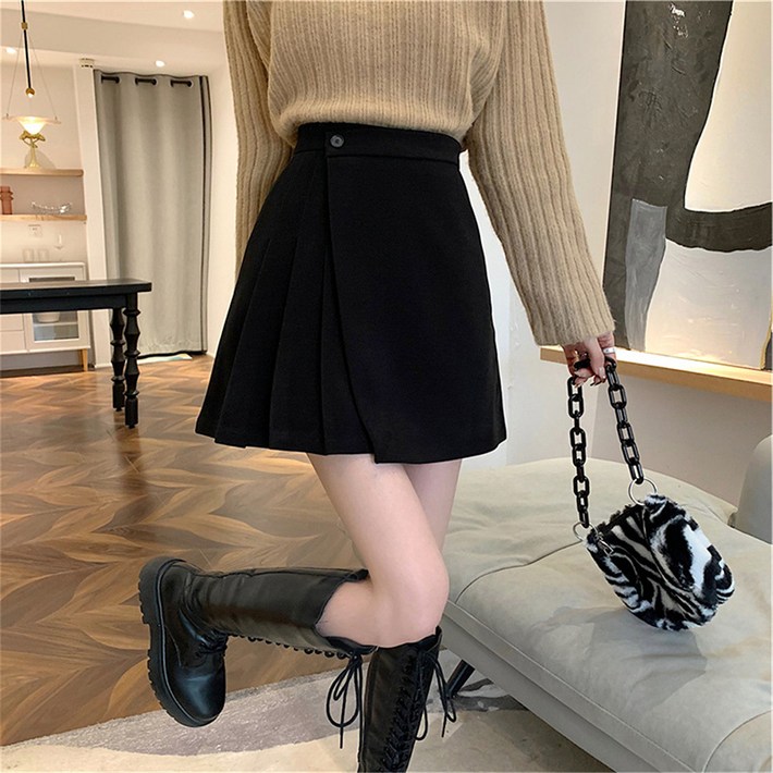 KDNC 여성용 추동 모직 스커트 A라인  플리츠 미니 스커트