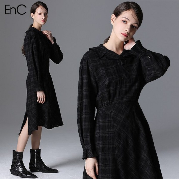 이엔씨 EnC  체크 프릴 롱 울 원피스 택가격 359000원