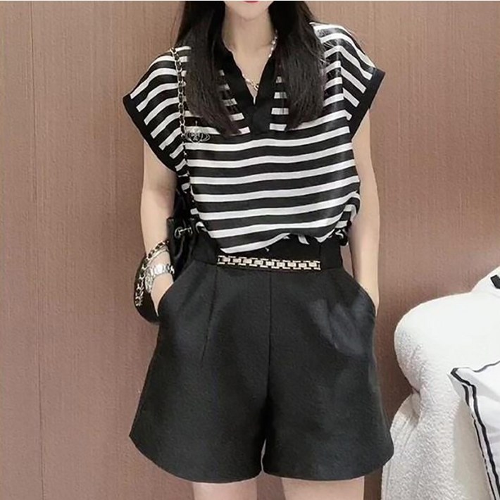 여름 신상 여성 캐주얼 정장룩 얇은 시원한 반바지세트 루즈핏 스트라이프 반팔 블라우스 상의 무지 와이드 팬츠 투피스 2xl까지