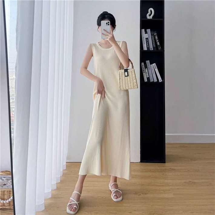 연바몰 여성용 슬리브리스 롱원피스 데일리룩, 휴양지원피스