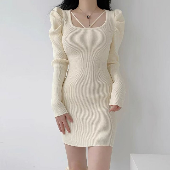 지고다그 여성 겨울 스퀘어넥 니트 원피스 슬림핏 퍼프소매 미니 니트 드레스 YU8046