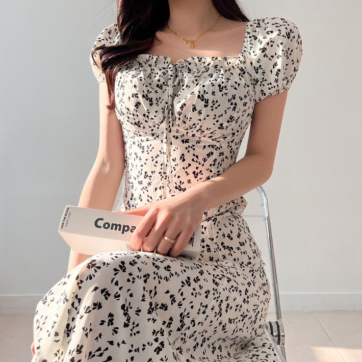 투디 투웨이 밴딩 퍼프 반팔 리본 플라워 롱원피스, 3컬러