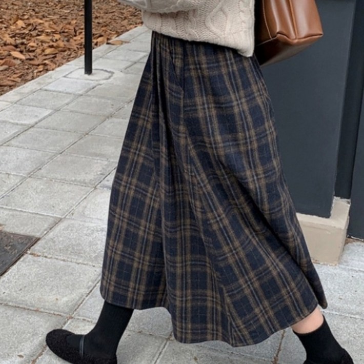 해피유통 여성 가을 겨울 모직 롱 스커트 체크무늬 하이웨이스트 루즈핏 캐주얼룩 gjy