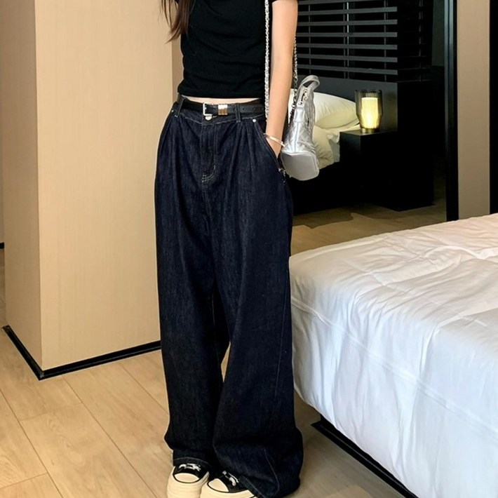 우아글로벌 핀턱 생지 와이드팬츠 청바지