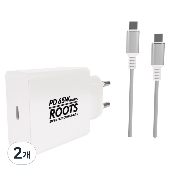 루츠 65W Gan PD PPS C타입 국내생산 초고속 충전기  C to C 100W 5A E Marker 1.5M 케이블포함, 화이트, 2개