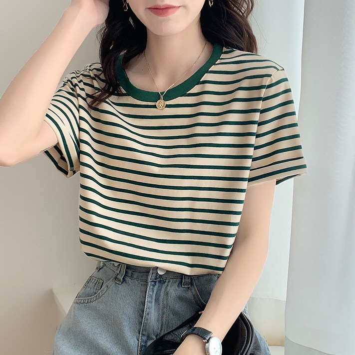 레드에셋 여성 줄무늬 반팔 티셔츠 라운드넥 반팔티 레드에셋 여성 줄무늬 반팔 티셔츠 라운드넥 반팔티