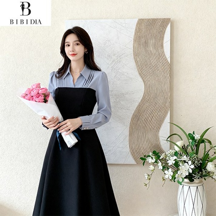 비비디아 여성용 배색 셔츠 뷔스티에 플레어 원피스 하객룩 오피스룩 봄가을 미디롱 원피스 5571