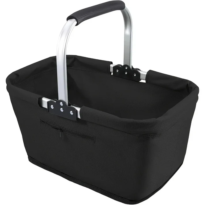 접이식 알루미늄 프레임 쇼핑 바구니, 접을 수 있는 옥스포드 천 토트백, 대형 지퍼가 달린 단열 피크닉 가, 01 검정색