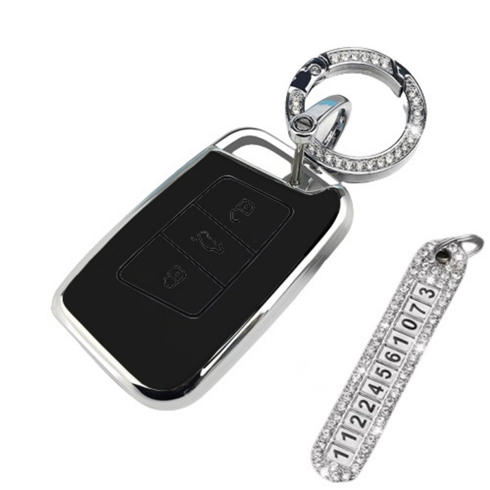 키에티 폭스바겐 티구안 실버라인 스마트 차 키케이스 키홀더  분실방지 큐빅 전화번호판, 폭스바겐 C타입, 실버블랙