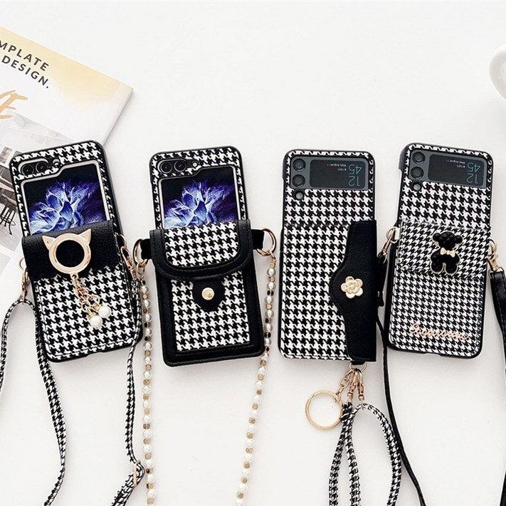 사은품갤럭시 Z플립5 Z플립4 Z플립3 카드 수납형 지갑 포켓 목걸이 스트랩 줄 세트 하운드 체크 패턴 하드 범퍼 핸드폰 케이스