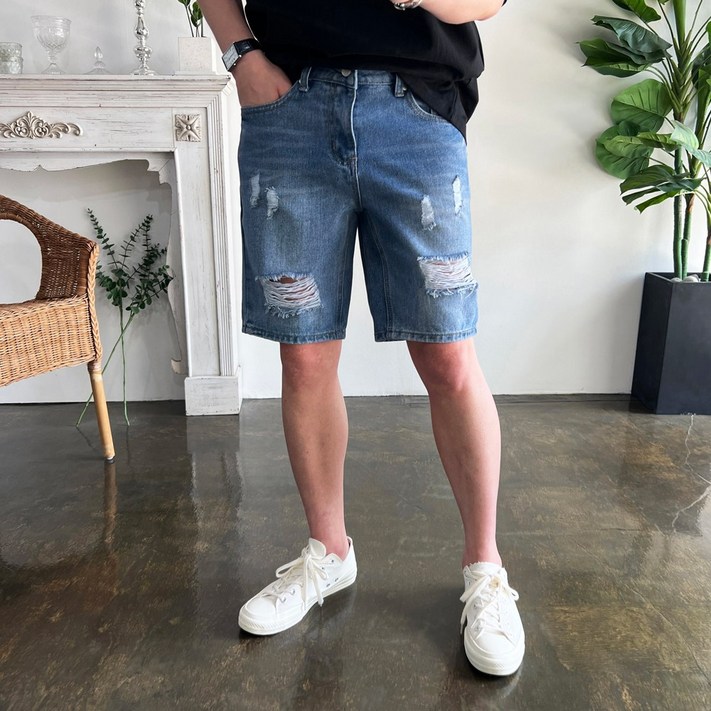 웨일즈 탄탄한 빈티지 디스트로이드 데미지 연중청 슬림 데님 팬츠 청 반바지 2836