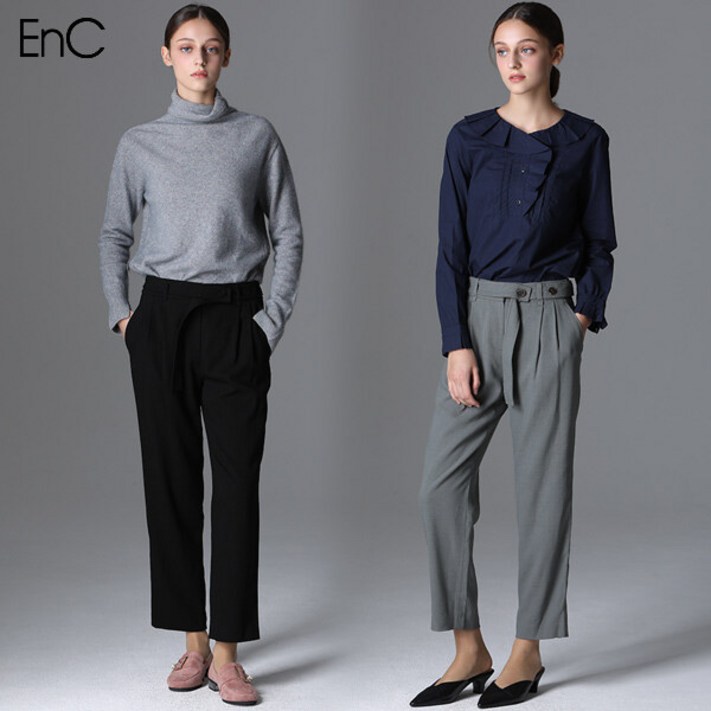 이엔씨 EnC  울블렌디드 투턱 벨티드 팬츠