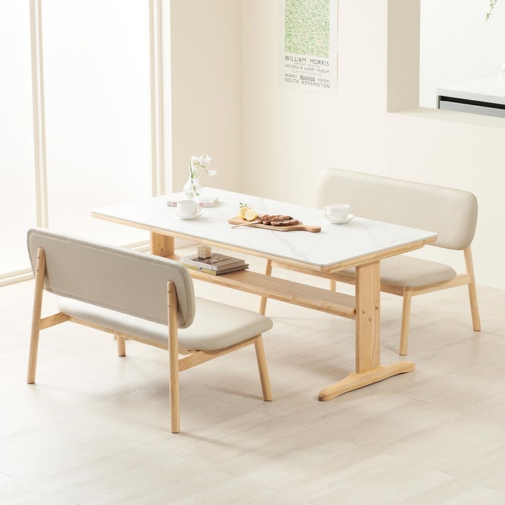 프롬홈 모아 포세린세라믹 사각 상판 4인용 원목 거실 주방 낮은 식탁세트 1600 2인벤치 세트, 월넛