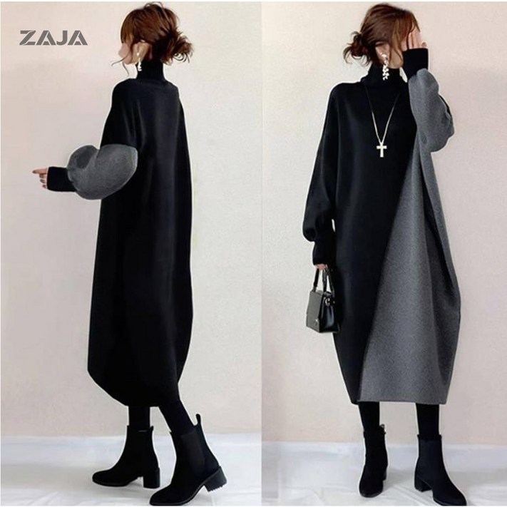 ZAJA 여성 하이넥 롱 원피스  긴팔 루즈핏 부드러운 패치 니트 원피스