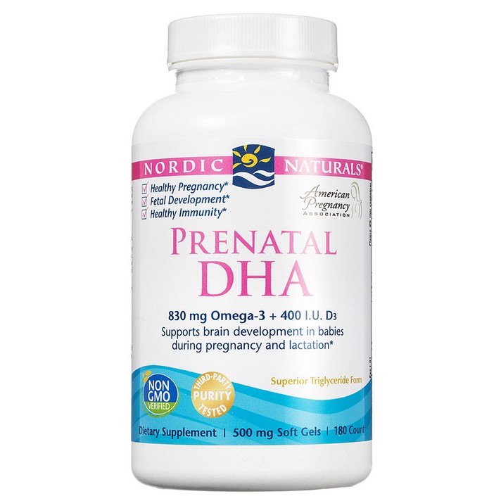 Nordic Naturals 프리네이탈 DHA 830mg 오메가-3 + 400IU D3 500mg 소프트젤, 180개입, 1개