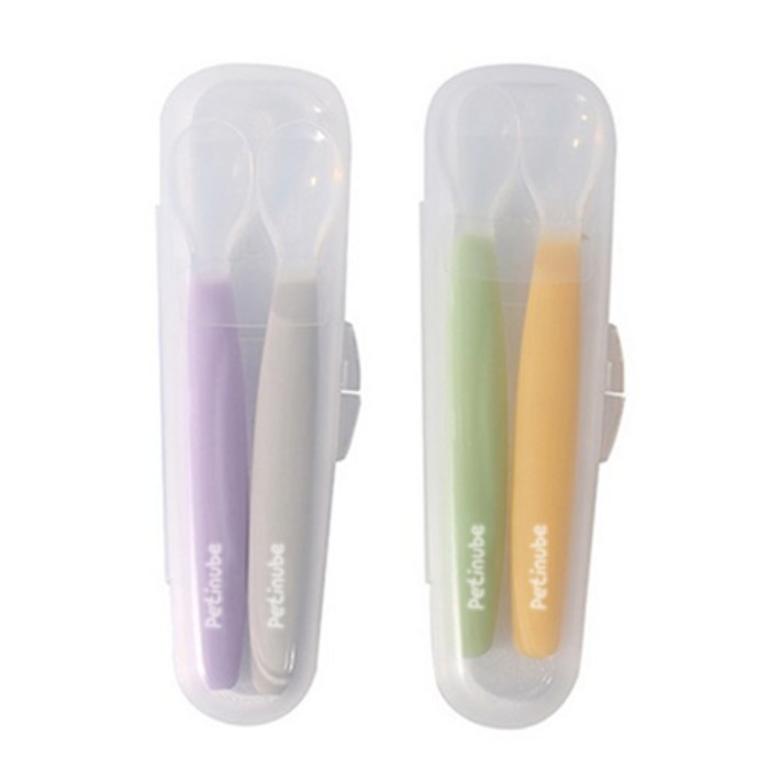 쁘띠누베 실리콘 이유식스푼 + 케이스 세트, GRAY + PURPLE + GREEN + YELLOW, 2세트