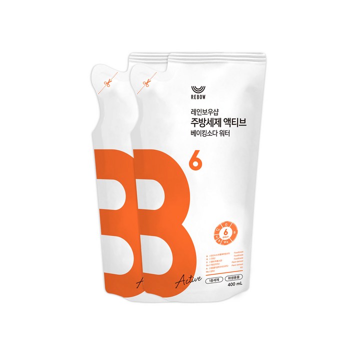  레인보우샵 B6 주방세제 액티브 베이킹소다 워터 리필, 400ml, 2개 