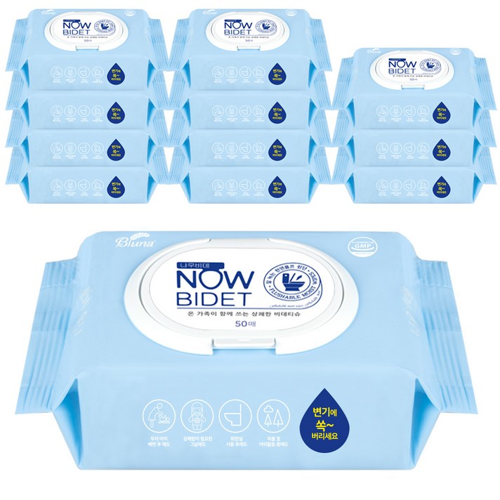 블루나 나우비데 물티슈 캡형 60g, 50매입, 12팩