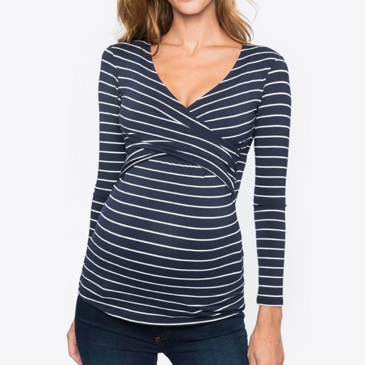 임부 브이넥 스트라이프 긴소매 수유티셔츠
