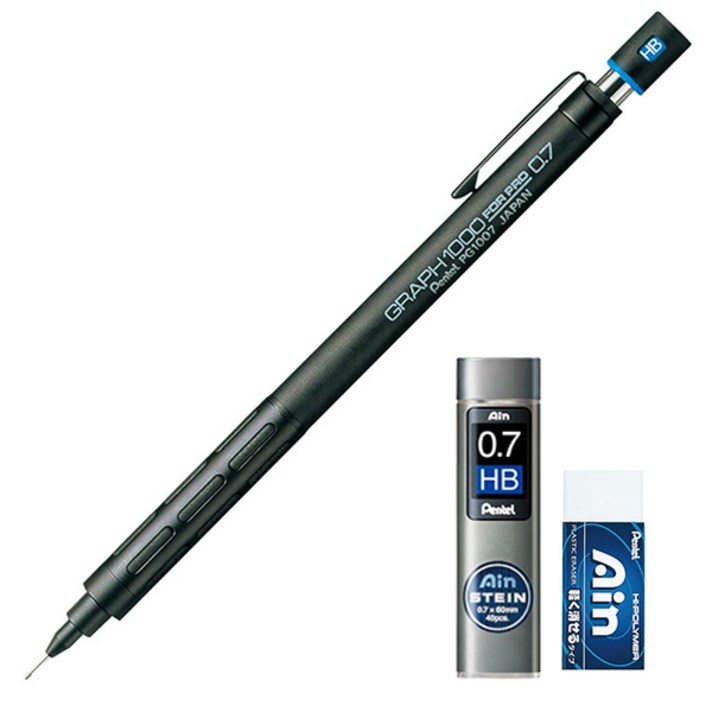 펜텔 그래프 1000 FOR PRO 샤프 0.7mm PG1007 + AIN HB 0.7mm + 지우개 세트, 1세트