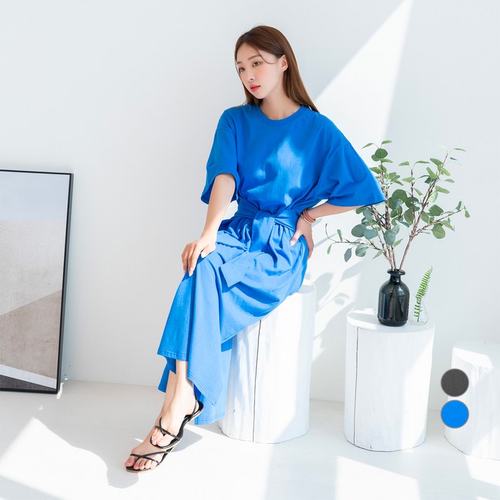 
                                                        캐럿 여성용 허리묶음 반팔 저지 롱 원피스
                                                    