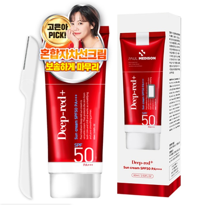 폴메디슨 딥레드 썬크림 SPF50 PA+++ 60ml + 눈썹칼 랜덤발송, 1세트